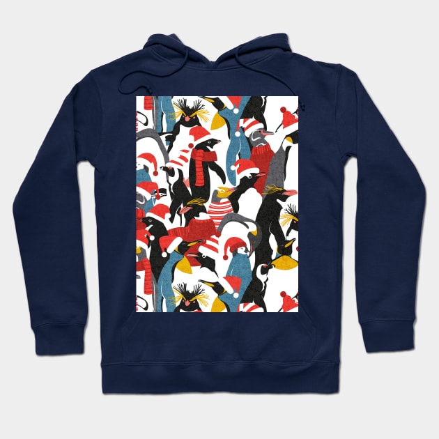 Merry penguins // pattern // black white grey dark teal yellow and coral type species of penguins red dressed for winter and Christmas season (King, African, Emperor, Gentoo, Galápagos, Macaroni, Adèlie, Rockhopper, Yellow-eyed, Chinstrap) Hoodie by SelmaCardoso